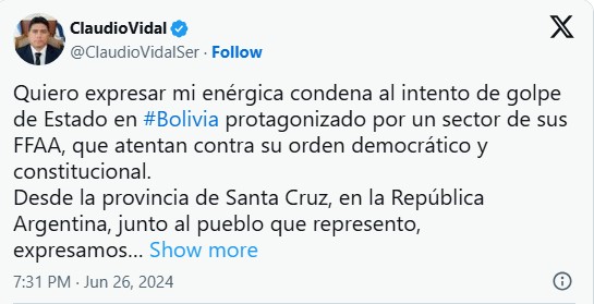 Vidal expresa su solidaridad con Bolivia