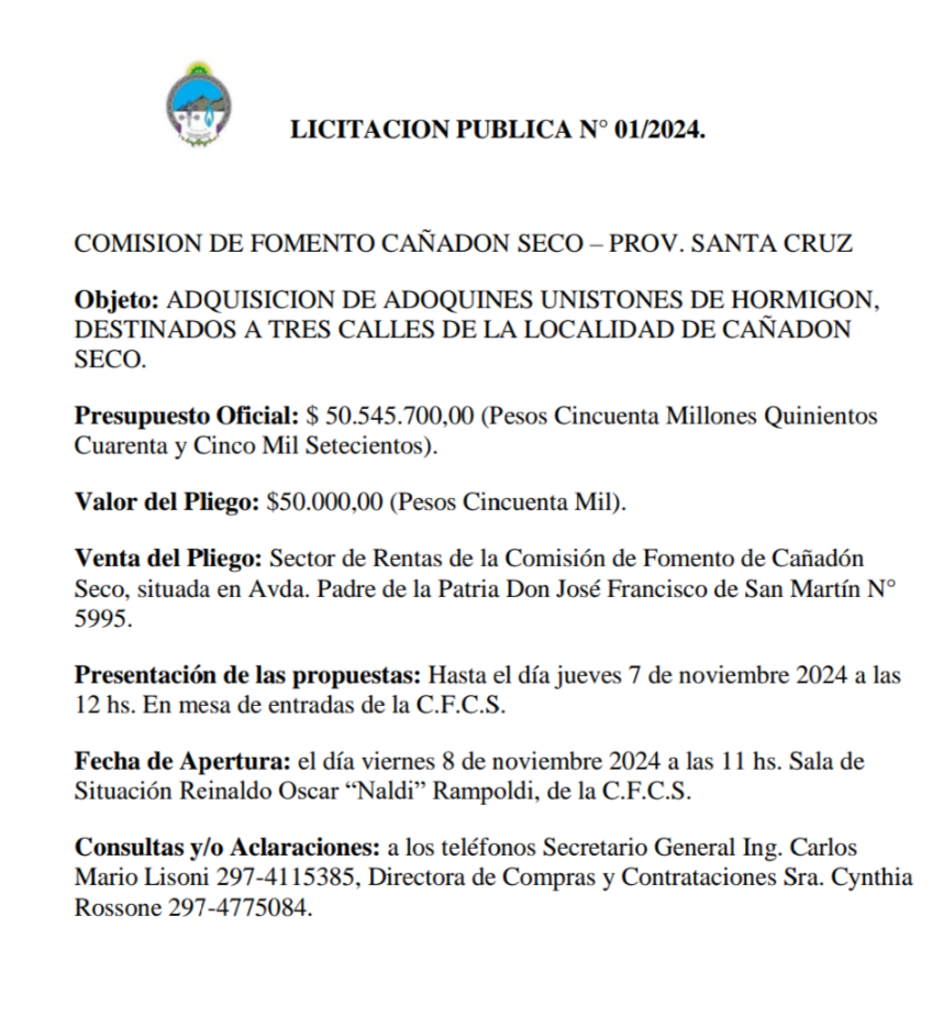 Comisión de Fomento de Cañadón Seco – Licitación Pública. N° 01/2024