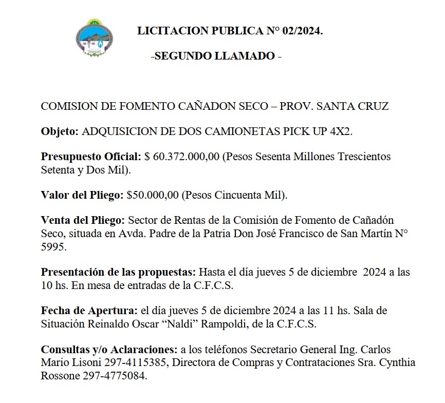 LICITACION PUBLICA N° 02/2024 – Comisión de Fomento de Cañadón Seco