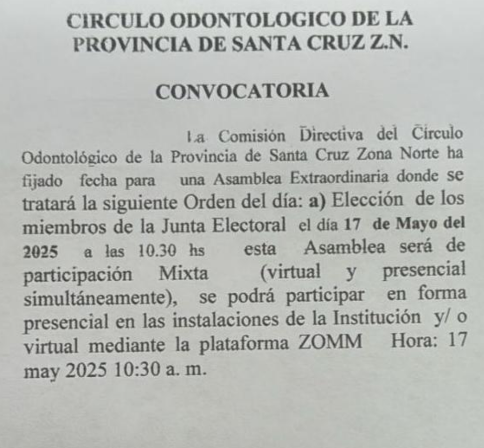 CIRCULO ODONTOLOGICO DE LA PROVINCIA DE SANTA CRUZ Z.N. – CONVOCATORIA