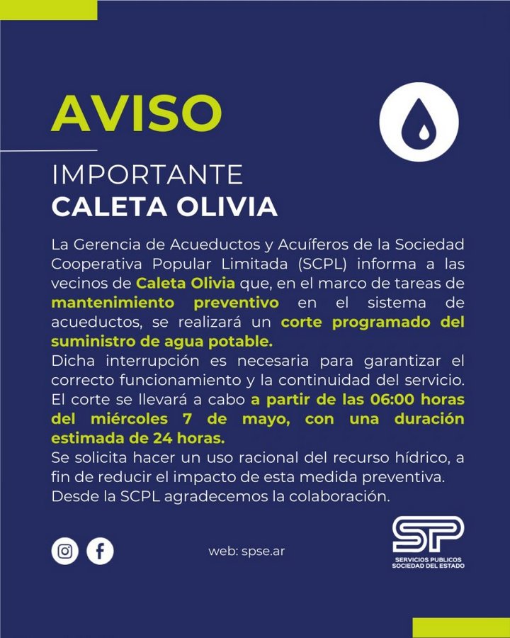 Interrupción del suministro hídrico en Caleta Olivia