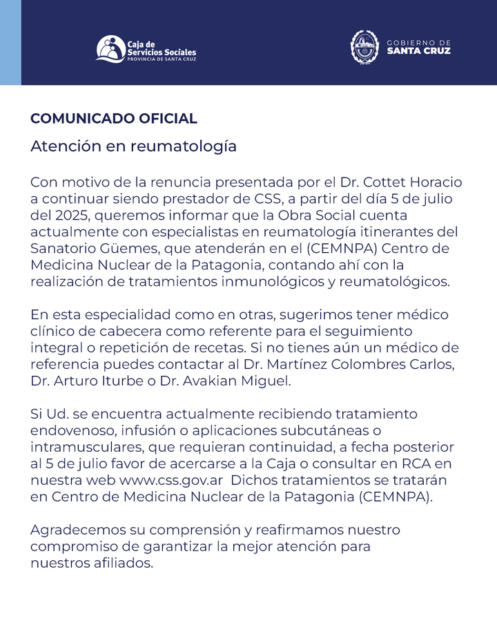 Comunicado oficial – Atención en reumatología
