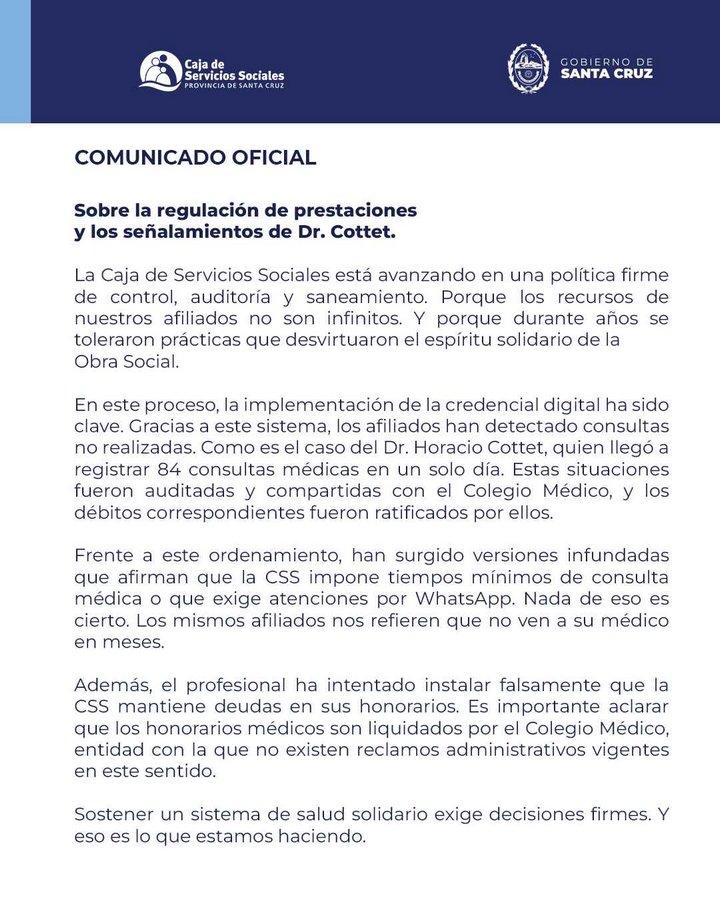 Comunicado Oficial: Sobre la regulación de prestaciones y los señalamientos de Dr. Cottet.