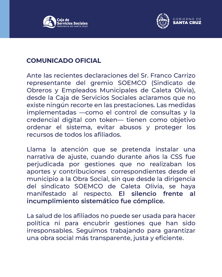 Comunicado Oficial – Caja de Servicios Sociales – SOEMCO