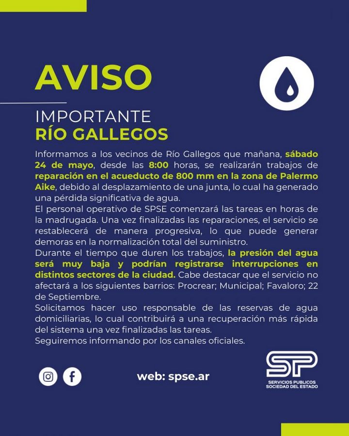 Baja de presión en suministro de agua a Río Gallegos