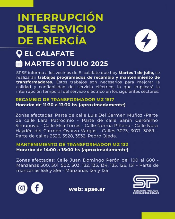 El Calafate: Corte programado de energía