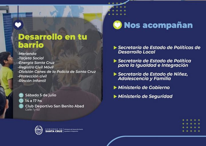 Este sábado «Desarrollo en tu barrio» llega al Club San Benito Abad de Río Gallegos